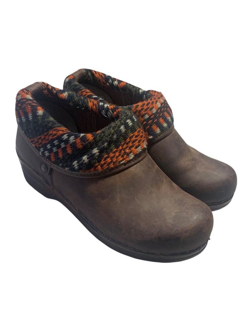 SANITA Brown Oiled Leather Nevada Sweater Knit Collar Trim Women's Clogs Size 37